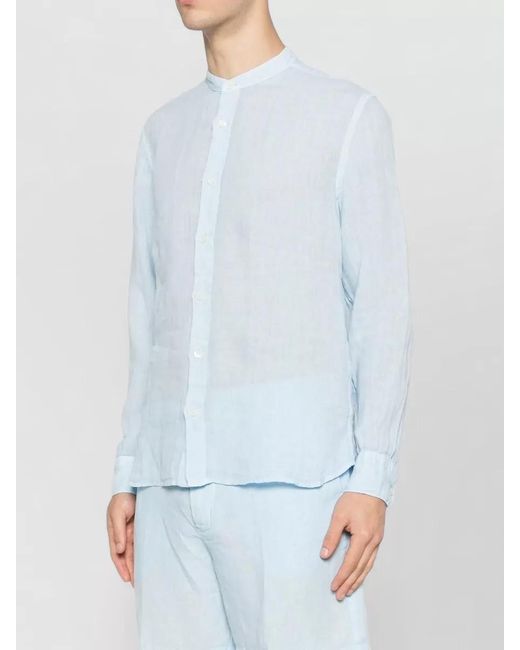 120% Lino Blue Slim Fit Shirt Mandarin Collar Long Sleeves for men