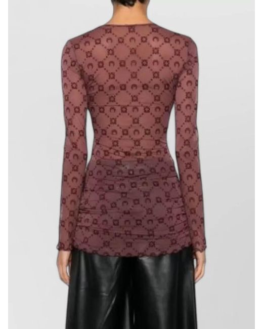 MARINE SERRE Red Floral Mesh Long Sleeve Crewneck Dress