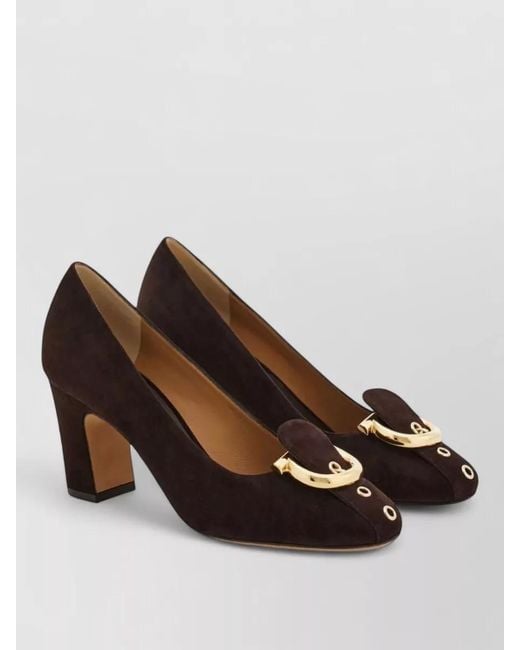 Ferragamo Brown Leather Pumps Mid Heel Round Toe Strap