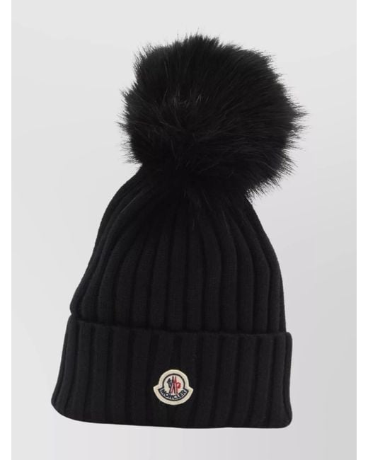 Moncler Black Ribbed Knit Wool Beanie With Faux Fur Pom-Pom