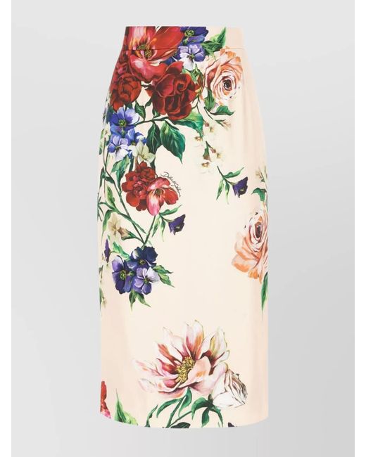 Dolce & Gabbana White Floral-Print Satin High-Rise Midi Pencil Skirt