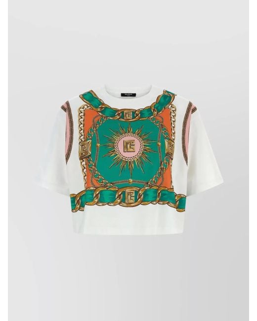 Balmain Blue Chain Motif Crew Neck Cropped T-Shirt