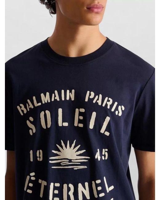 Balmain Blue Crew Neck Graphic Print Short Sleeve T-Shirt for men