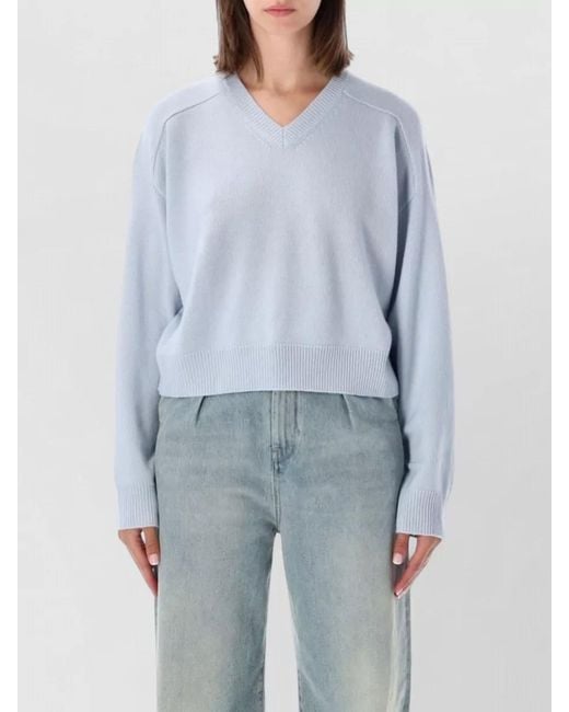 Loulou de Saison Blue V Neck Cropped Top Long Sleeves Ribbed Hem