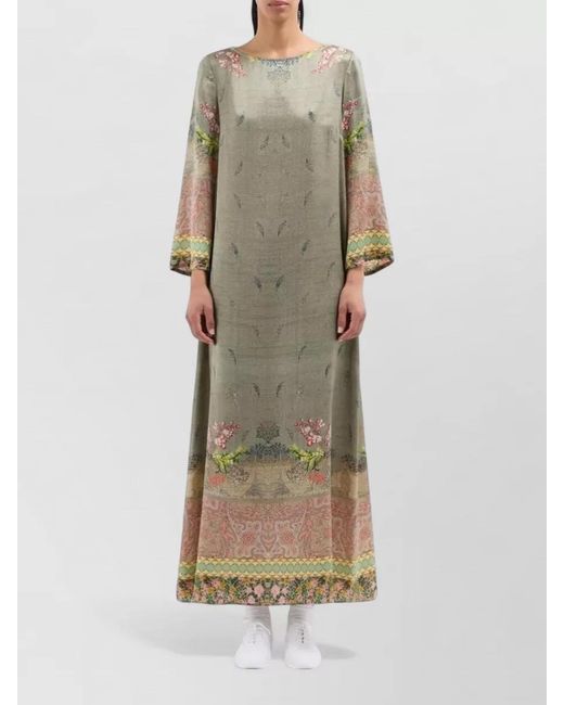 Pierre Louis Mascia Green Silk Dress Floral Pattern Long Sleeves