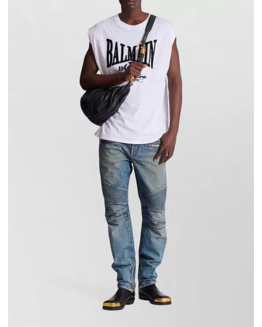 Balmain Blue Straight Denim Jeans Belt Loops Ribbed Knees for men