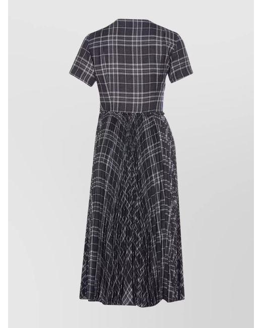 Burberry Gray Wool Blend Checked Short-Sleeve Midi Dress