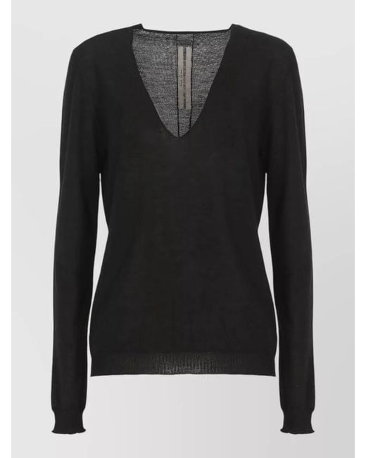 Rick Owens Black V Neck Top Long Sleeves Sheer Knit