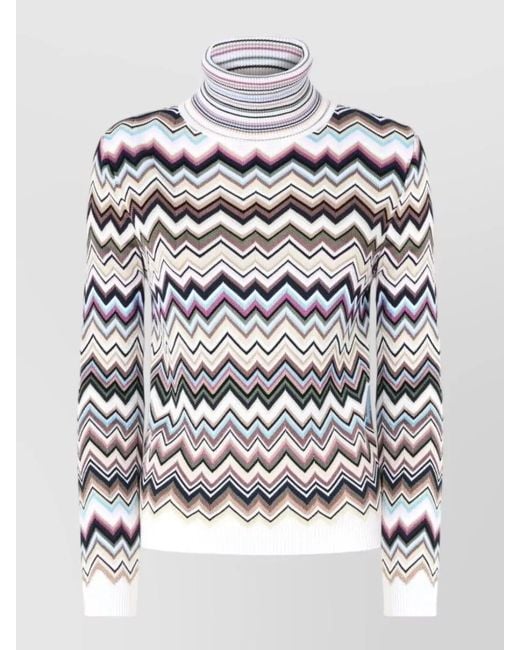 Missoni White Zigzag Motif Turtleneck Sweater Long Sleeves