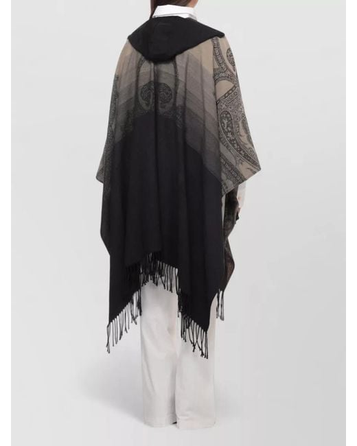 Etro Natural Hooded Paisley Wool Cape Open Front for men