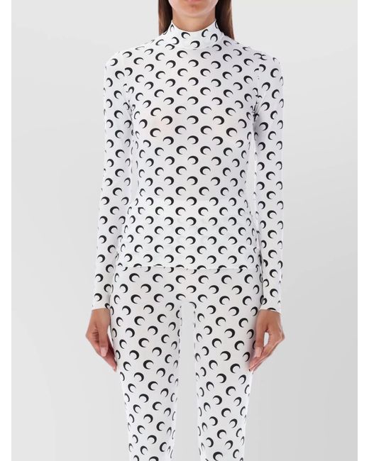 MARINE SERRE White Printed High-Neck Long-Sleeve Top