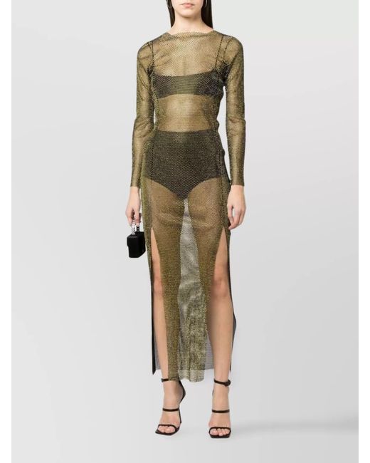 Santa Brands Gray Rhinestone Embellished Mesh Maxi Dress