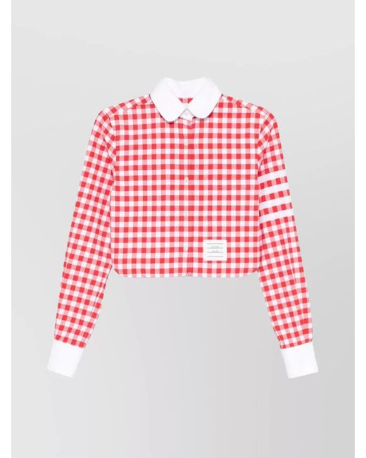 Thom Browne Red Cropped Round Collar Shirt With Gingham Check
