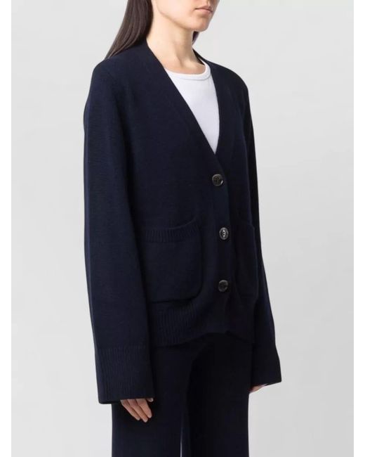 Lisa Yang Blue Cashmere Ribbed V-Neck Cardigan