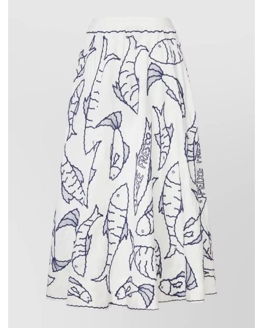 Farm Rio White Fresh Fish Embroidered Flared Midi Skirt