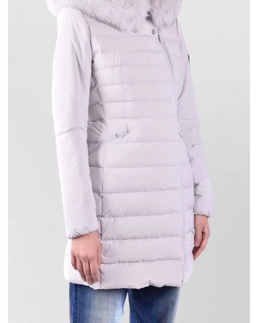 Peuterey Blue Hooded Long Quilted Coat Faux Fur Collar