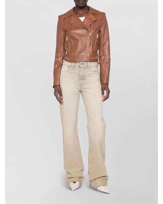 Elisabetta Franchi Brown Leather Coat Notched Lapels Tone Hardware