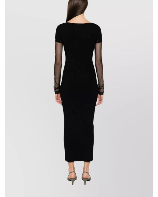 Sportmax Black Fine-Knit Boat Neck Short-Sleeve Midi Dress With Detachable Long Sleeves