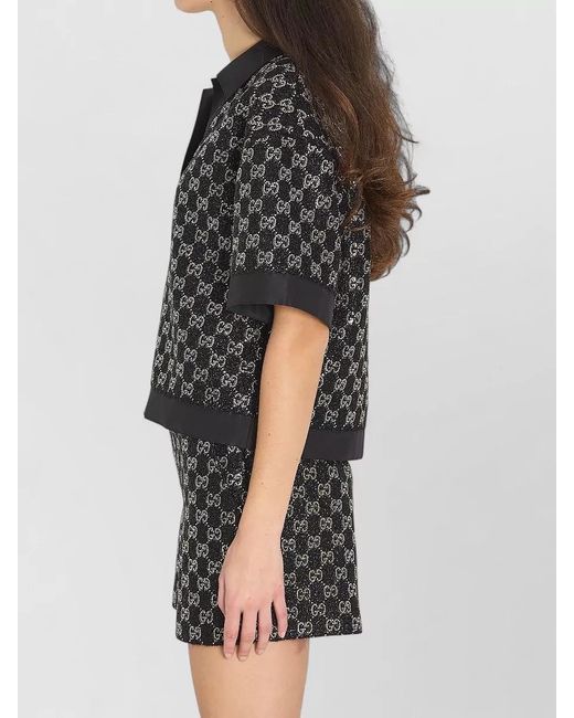 Gucci Black Lamé Tweed V-Neck Short-Sleeve Shirt