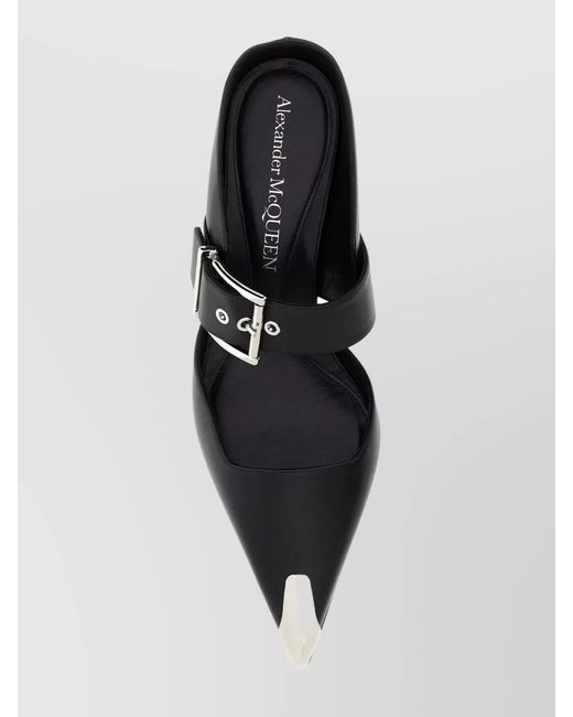 McQueen Black Leather Buckled Mules
