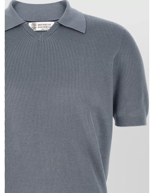 Brunello Cucinelli Blue Coastal Rib Knit Polo Short Sleeves for men