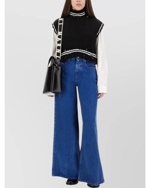 Marni Blue Knitwear With High Neck And Fringe Detailing