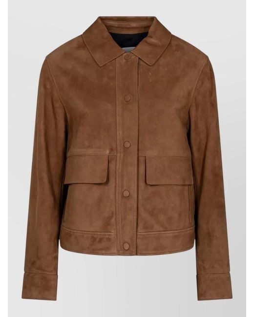 Yves Salomon Brown Suede Collared Jacket Long Sleeves Pockets