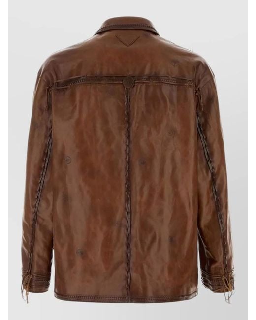 Prada Brown Leather Jacket Stitch Detailing Front Pockets for men