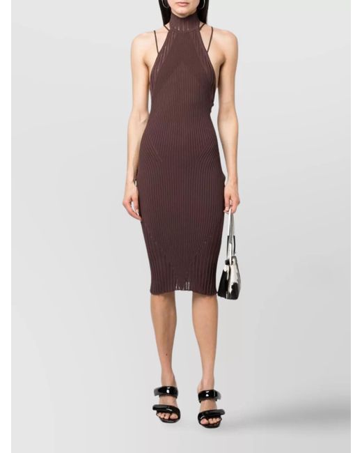 ANDREADAMO Purple Ribbed Halterneck Paneled Knitted Midi Dress