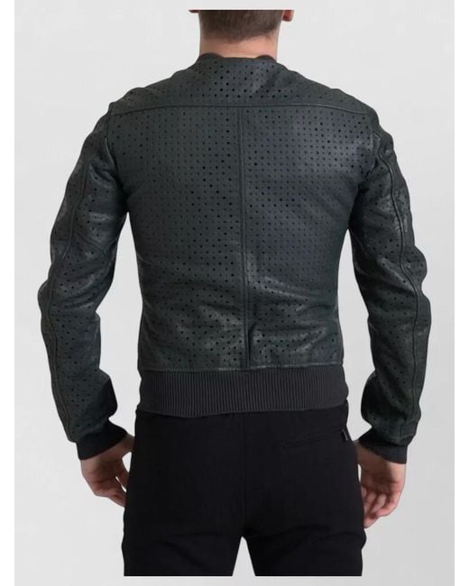 Dolce & Gabbana Gray Leather Perforated Bomber Jacket for men