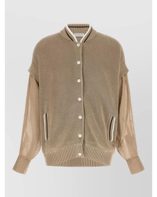 Brunello Cucinelli Natural Organza Sleeve Knit Bomber Cardigan