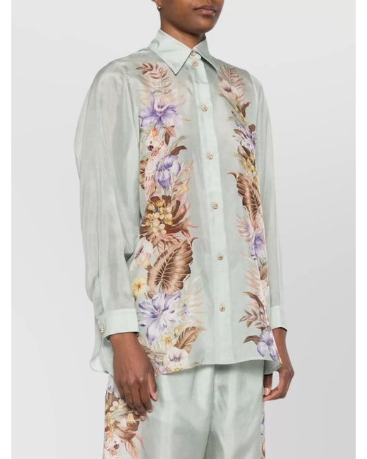 Zimmermann White Silk Floral Print Long Sleeve Shirt