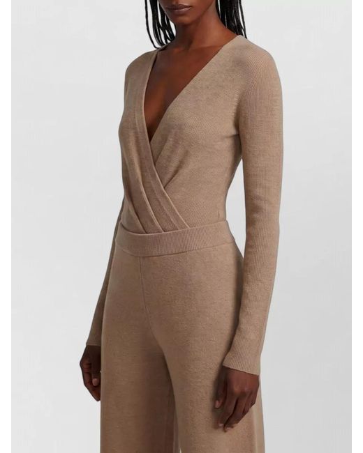 Max Mara Brown Ribbed Cashmere V-Neck Long-Sleeve Bodysuit