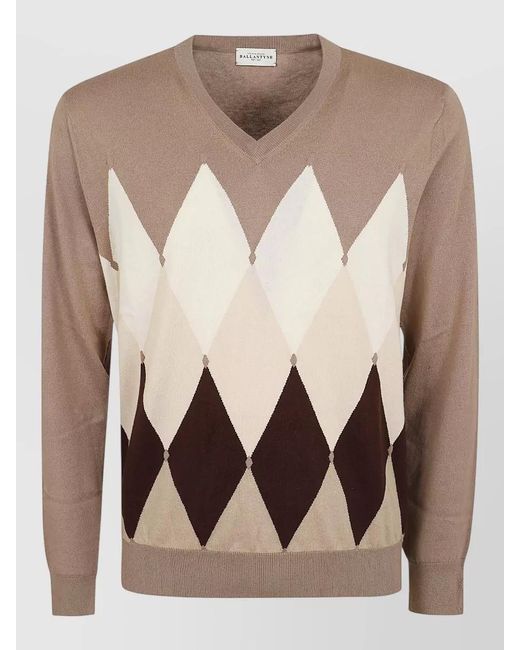 Ballantyne Brown V Neck Sweater Argyle Pattern Ribbed Trims for men