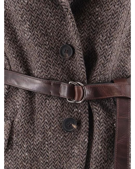 Brunello Cucinelli Gray Wool Herringbone Sleeveless Belted Single Breasted Coat