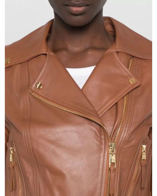 Elisabetta Franchi Brown Leather Coat Notched Lapels Tone Hardware