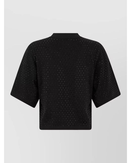 Pinko Black Cropped Cotton T-Shirt Round Neck Rhinestones