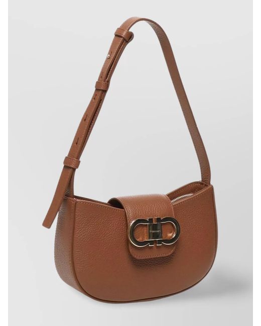 Ferragamo Brown Pebbled Leather Shoulder Bag With Adjustable Strap
