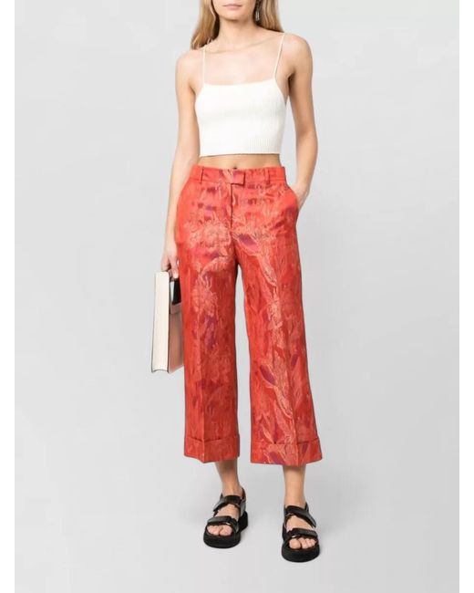 Alberto Biani Red Cropped Jacquard Trousers Belt Loops Pockets