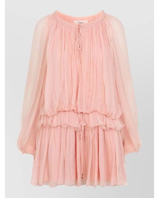 Chloé Pink Silk Ruffled Mini Dress