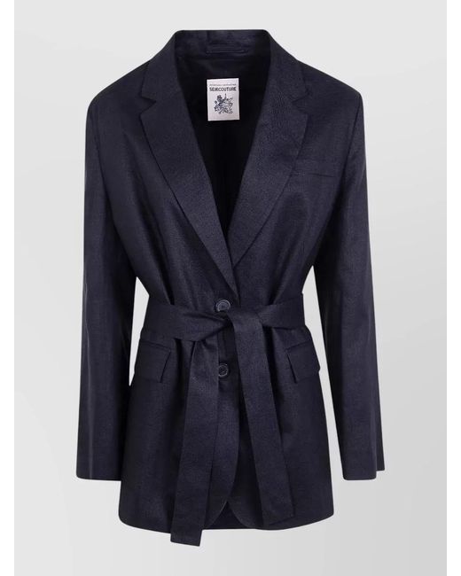 Semicouture Blue Linen Tailoring Jacket Belted Flap Pockets