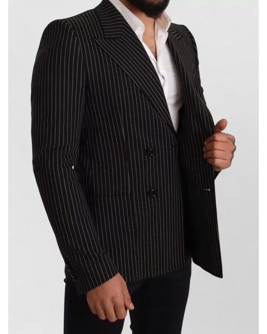 Dolce & Gabbana Black Wool Striped Slim-Fit Double-Breasted Blazer for men