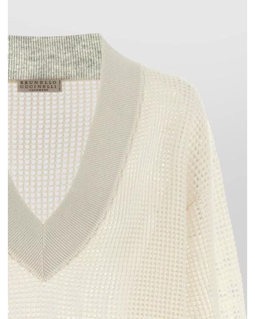 Brunello Cucinelli Natural Mesh Knit V Neck Long Sleeve Sweater