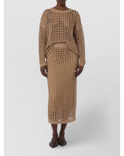 Max Mara Natural Crochet Cotton Midi Skirt Ribbed Waist