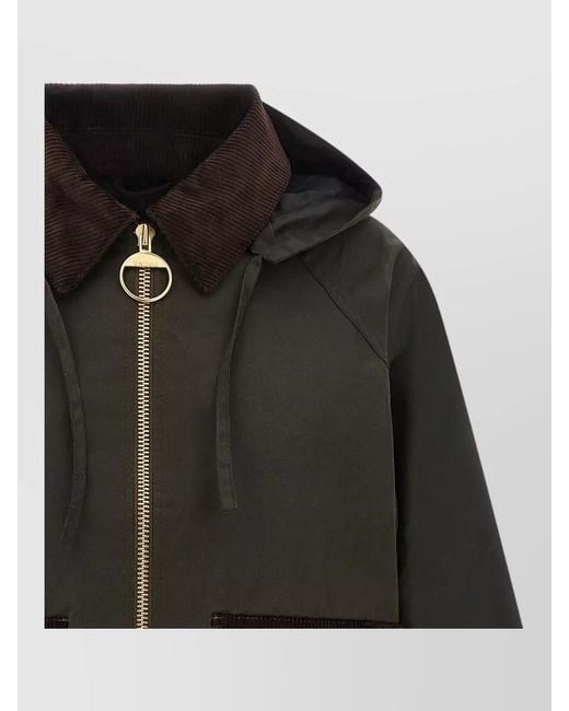 Barbour Black Carville Hooded Jacket Corduroy Collar Pockets