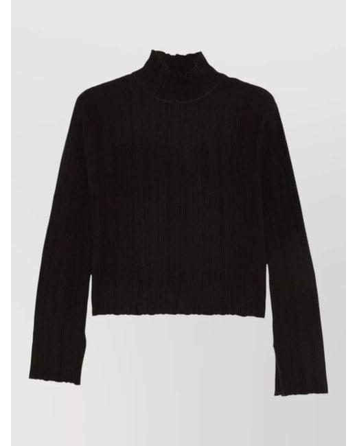 Alysi Black Wool Mock Neck Cropped Ribbed Sweater