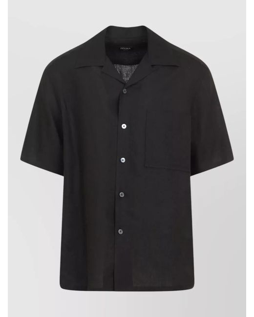 Zegna Black Oasi Linen Shirt Cuban Collar Short Sleeves for men