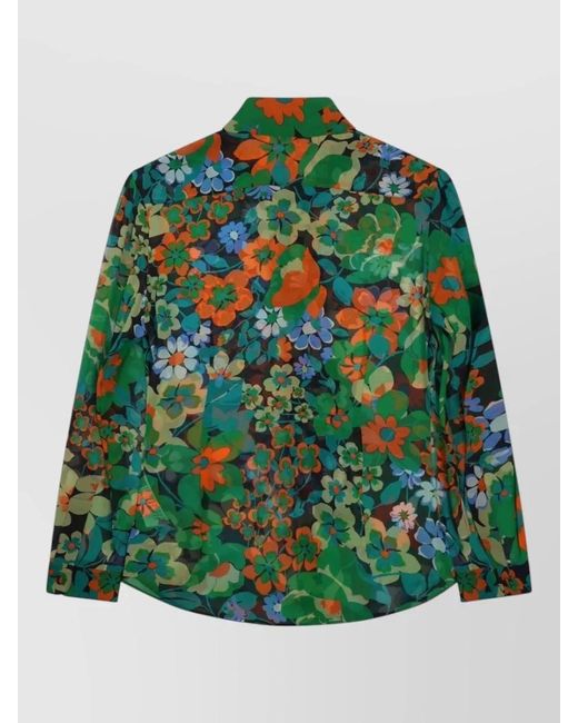 Céline Green Silk Shirt Collar Floral Pattern Lightweight
