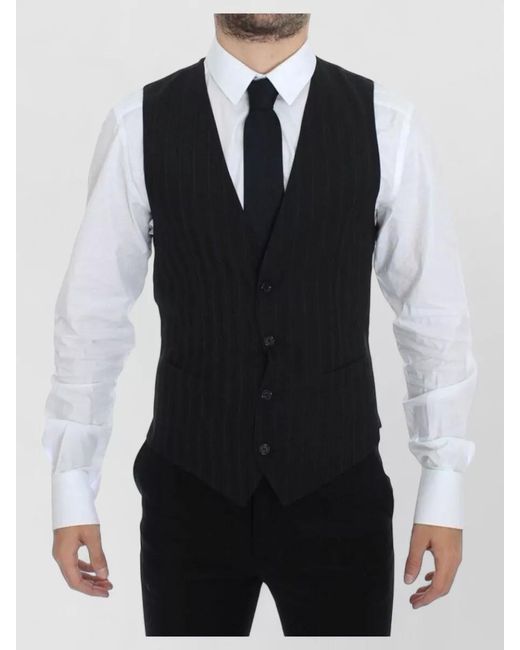 Dolce & Gabbana Black Pinstripe Stretch Wool V Neck Dress Vest for men