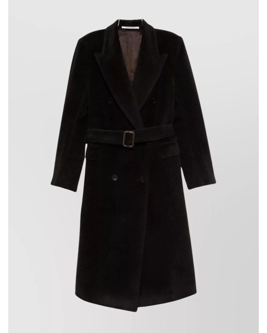 Tagliatore Black Long Double-Breasted Wool Coat Belted Waist